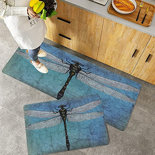 Küchenteppich Teppich Läufer Küchenläufer 2 Stück,Libellen-Schmutz-Weinlese-alter Hintergrund und Libellen-Wanzen-Ombre-Bild, blauer Türkis,Rutschfest waschbar für Flur Küche 40x60 cm+40x120 cm