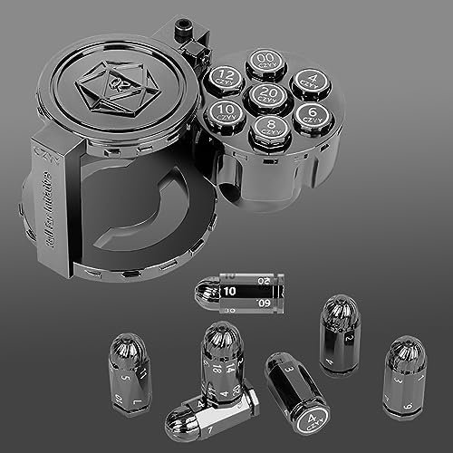 Polyedrische Würfel-Set aus Metall, mit drehbarem Revolver-Zylinderbehälter, Cyberpunk-Würfel für D&D, Sci-Fi, Krieg oder Kriminalität, Tischspiele, Schwarz, 7 Stück