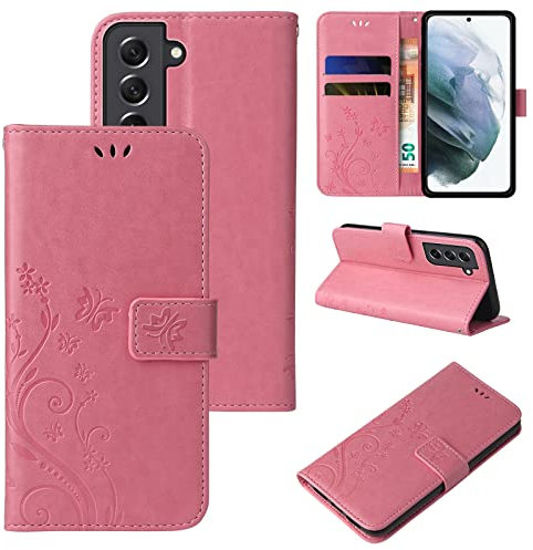 LBH Handy Hülle für Samsung Galaxy S21 5G Case Handytasche Schmetterling Blumen Flower Standfunktion Schutzhülle Magnet Rundum Schutz 360 Grad Flipcase Cover Rosegold