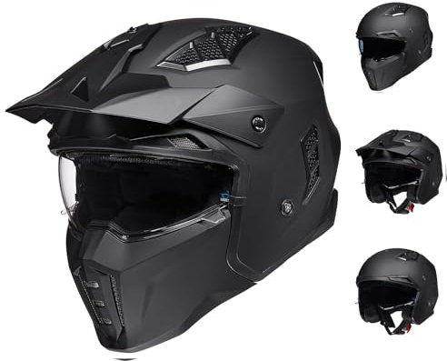 ILM Helm Motorrad Motocross Herren Damen Vintage Retro mit Visier ECE Model Z302,Schwarz Matt, M