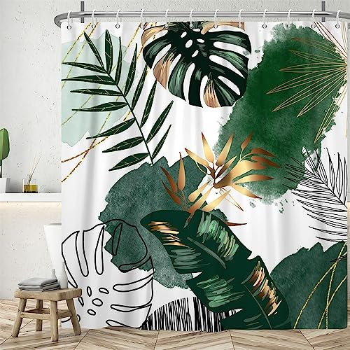 Uiiooazy Rideau Douche 180x240cm, Rideau de Douche Anti Moisissure Vert Tropicale Jungle Feuilles de Palmier Rideaux de Baignoire Tissu Lavable Imperméable Rideaux Salle de Bain avec 12 Crochets