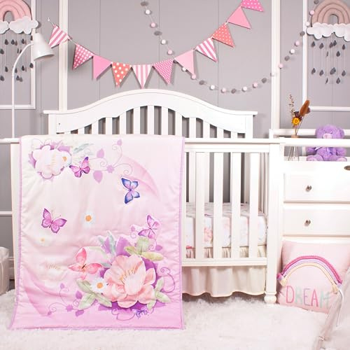 La Premura Parure de lit 3 pièces pour bébé Fille, Motif Papillon Violet Aquarelle, Taille Standard pour bébé Fille, Motif Floral, Rose Pastel, Jaune et Violet