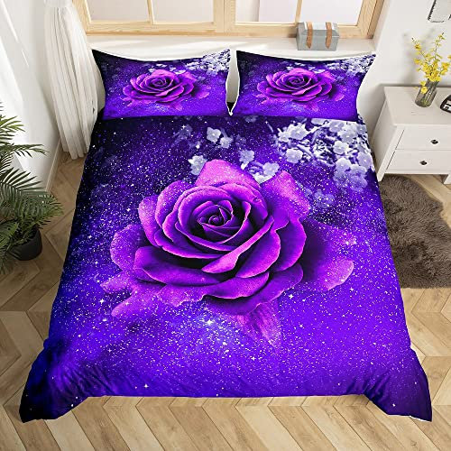 Lila Rose Bettwäsche 135x200cm Galaxis Blume Bettwäsche Mädchen Blüte Rose Bettbezug Set für Damen Frauen Jugendliche Flpral Bettwäsche Set Romantisch Digital Bedruckt Luxuriös, mit 1 Kissenbezug