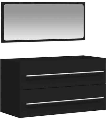 vidaXL Badschrank, Waschbeckenunterschrank mit minimalistischer Spiegel, Badezimmerschrank mit viel Stauraum, Wandschrank Bad Waschbeckenschrank, Schwarz Holzwerkstoff
