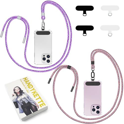 Qyoocom Handykette Universal für alle Smartphones,2 Stück Schlüsselband Kette zum Umhängen mit 4 Universelles Pad,Einstellbar und Abnehmbar. (Rot Camouflage+Lila Camouflage)