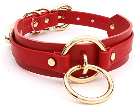 lalatia Damen Halsband O Ring Kunstleder Choker Halskette (Rot, Gold)