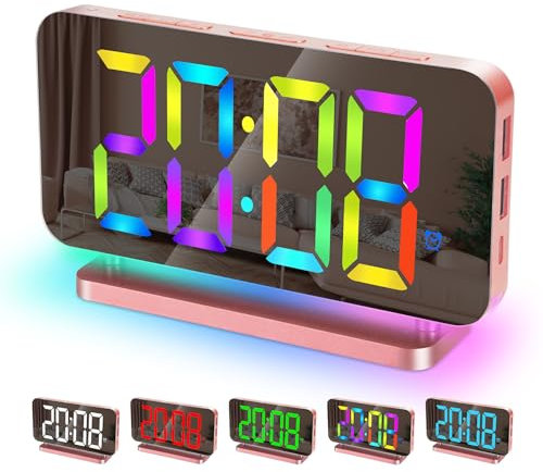 Sueken 7.4 LED Alarm Clock with 11 Colors Time Display, 10 Modes RGB Night Light, USB C Charger, Volume & Brightness Control, Bedside Clock for Bedroom Home Decor - Pink