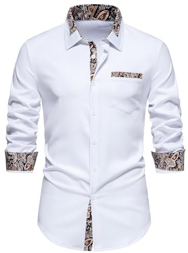 MakingDa Men's Inner Contrast Dress Shirt Paisley Business Casual Smart Formal Classic Long Sleeve Regular Fit Button Down Wedding Party Work Shirts with Pockets-A354-White-S
