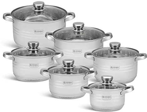 Edenberg Set di 12 pentole in acciaio inox con coperchio in vetro, pentole da zuppa, pentola per composte, grandi pentole, pentole con coperchio, per gas, elettrici, alogeni, ceramiche e piani cottura
