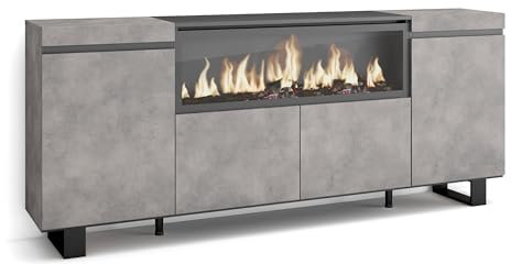 Skraut Home | Credenza, Mobile, Cucina | Madia, mobile ingresso | 210 | 4 Porte | Camino elettrico XXL | Design industriale | Stile moderno | Cemento