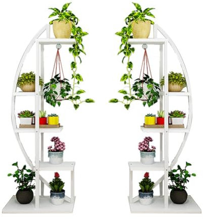 Gebogene Halbmond-Leiter Display Stand mit Top-Haken und Anti-Kipp-Vorrichtung, Indoor Outdoor Balkon Garten Terrasse Metall Blumenständer, Wohnzimmer hängende Orchidee Stand ( Color : White-white , S