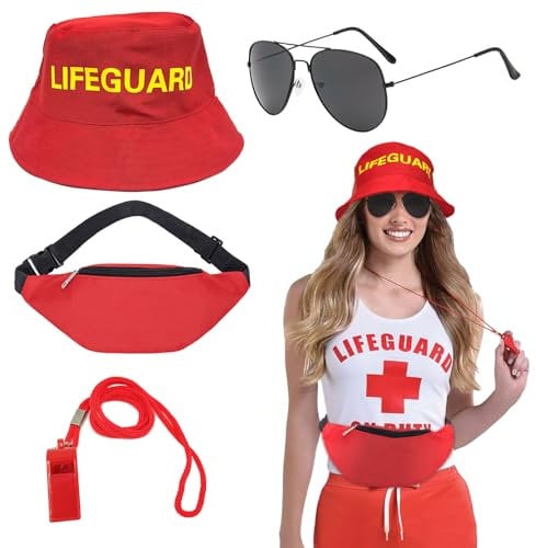 FUIPVGI 4 Stück Rettungsschwimmer Kostüm Lifeguard Set Fasching Kostüm Garde-Kostüm-Set Sonnenschutzkappe, Sonnenbrille, Gürteltasche und Pfeife mit Umhängeband, Baywatch Herren & Damen (Rot)