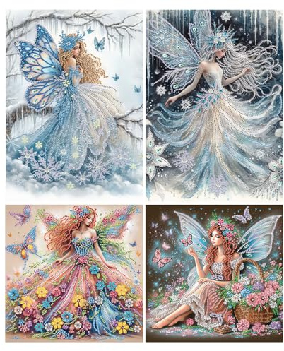 DCIDBEI 4 Pack 5D DIY Diamant Malerei Set Schmetterlingsfee 12x12IN DIY Speziell Geformte Partial Drill Diamond Painting Strass Stickerei Kreuzstich Kunst Handwerk Diamant Engel Elf Fee