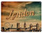 Londoner Skyline Metallschild XXL in 28x38 cm - London mit Big Ben London Eye Tower Bridge und Panoramablick in goldenen Akzenten