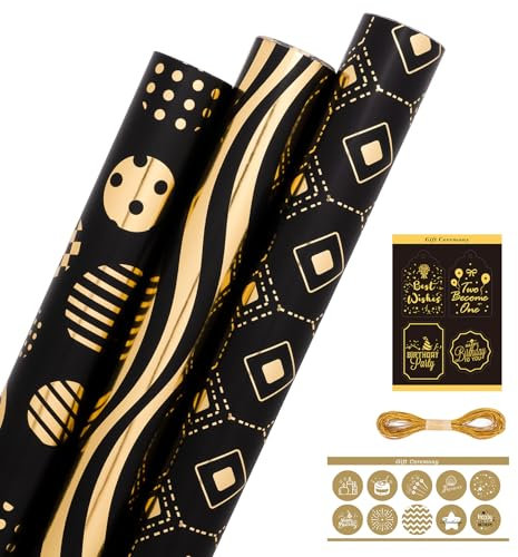Larcenciel Geschenkpapier Rolle, Schwarz Gold Geschenkpapier mit Geschenkanhänger & Aufkleber, Edel Geometrisches Muster in Folie Packpapier Rolle für Hochzeit Geburtstag Weihnachten (300x43cm,3Rolle)