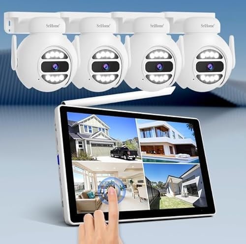 SriHome Kit Videosorveglianza WiFi, 4 Telecamere 5MP, Monitor 10,1 pollici, Visione Notturna, Rilevamento Movimento, Visualizzazione Remota