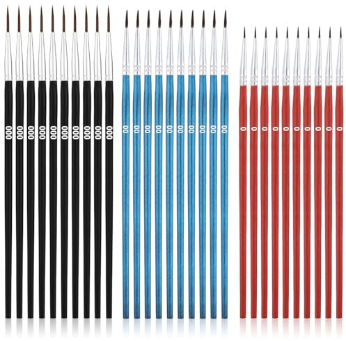 30pcs Pinceaux de Peinture à Pointe Fine, #0#00#000 Ensemble Petits Pinceaux Pinceaux Peinture pour Micro-Modèles Petit Mini Pinceau à Doublure pour Acrylique Peinture (Noir, Bleu, Rouge)