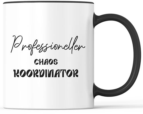 Kaffeebecher mit Spruch Professioneller Chaos Koordinator Chef Aufsicht Erzieher - lustiges Geschenk - Kaffeetasse als Geschenkidee - Becher bzw. Tasse 330ml - Weiß-Schwarz