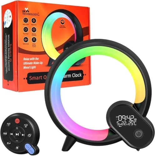 UK Technology Q Lamp, Night Lights Bluetooth Speaker, Bedside Lamp, Dimmable Night Light, Remote Control Lights, Alarm Clock with Music App Control, Smart Light for Bedroom, Teenage Girls Boys Gift