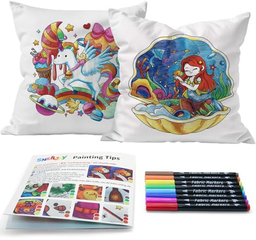 SNEILJOY Kinder Bastelset mit 2 Kissenbezügen (Einhorn & Meerjungfrau) & 8 waschfeste Textilmarker, 40x40 cm, Geschenkk für Mädchen & Jungen 6-12 Jahre