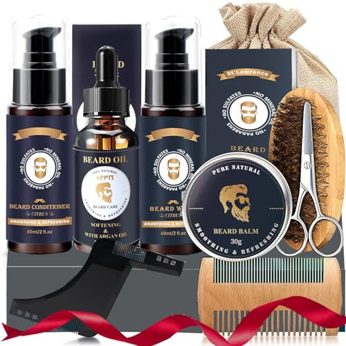 Beard Kit for Men, Grooming & Trimming Tool Complete Set with Shampoo Wash, Beard Care Oil, Balm, Brush, Comb, Scissors & Storage Bag, Birthday Gifts for Him Men Dad Father Boyfriend