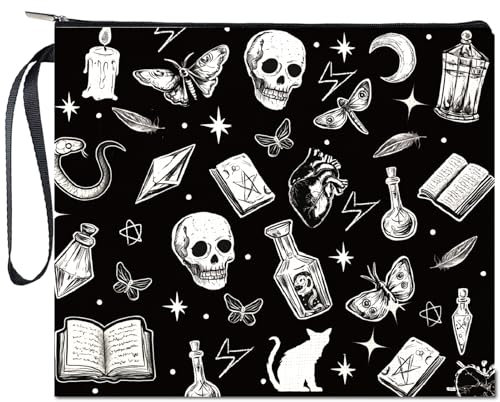 CREATCABIN Schwarze Make Up Tasche Mit Totenkopf Motiv Für Handtasche Multifunktionale Kosmetiktasche Mit Skelett Motiv Mit Reißverschluss Kulturbeutel Reise Waschtasche Make Up Organizer 24x20cm