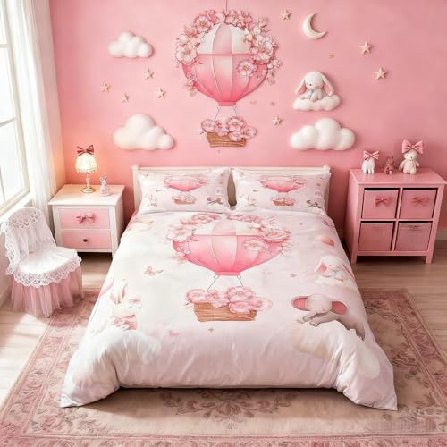Heißluftballon-Bettbezug mit Blumenmotiv, Einzelbett, Cartoon-Motiv, niedliches Tier, Bettdeckenbezug für Erwachsene und Kinder, Schlafzimmer, Dekoration, Kaninchen, Elefant, Bär, rosa Schmetterling,