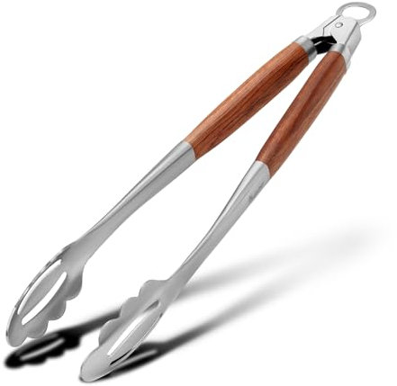 KULUNER Grillzange aus Edelstahl, massiver Holzgriff, Küchen-Metall-Verriegelungsdesign, 44 cm, hitzebeständig bis 700 Grad, geeignet zum Kochen, Grillen und Grillen im Freien