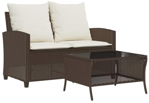 vidaXL Gartensofa 2-Sitzer mit Kissen & Tisch Braun Poly Rattan