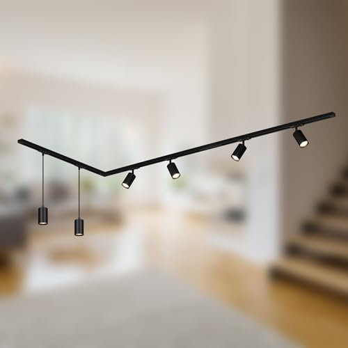 BRILONER - Sistema de rieles juego completo, 4x GU10 spots orientables, 2x GU10 colgante, forma de L, sistema de rieles de techo, riel para proyector, lámpara de techo, proyector, 2,25m, negro
