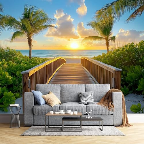 JEDTAKCT Papier Peint Plage Verte 260X175Cm Photo Mural Vue Sur Le Coucher De Soleil Porte Mural Décoration Bureau Wallpaper Papier Peint Mural Salon Papier Peint Panoramique Tapisserie Photo