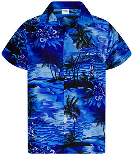 King Kameha Funky-Hawaii-Hemd, Herren, Kurzarm, Surf, Mono-Blau, 8XL