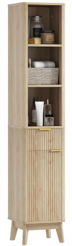 HOMCOM Mueble de Baño Estrecho Puerta de Acanalado 33x30x170 cm Natural | Columna de Baño, Cajón, 3 Compartimentos Abiertos, Estantes Ajustables
