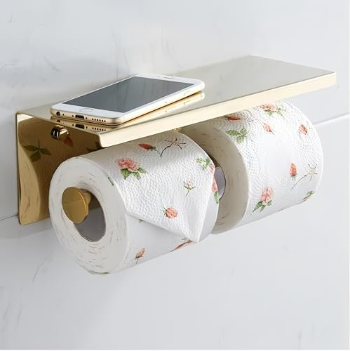 2-Pack Stainless Steel Toilet Paper Holder Wall Mounted - Self Adhesive & Screw-in No Drilling Design, Waterproof Bathroom Chrome Tissue Roll Dispenser with Phone Shelf (LCC0021-Gold)