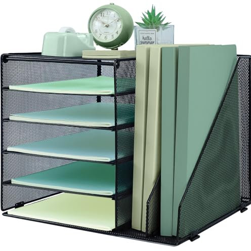 IOUGDSEC Organiseur de bureau à 5 niveaux avec 2 trieurs de fichiers verticaux supplémentaires, bac à courrier pour papier A4, porte-magazines et documents pour bureau à domicile, noir
