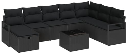 vidaXL 9-teiliges modulares Outdoor-Sofaset mit Kissen in Schwarz aus Poly-Rattan | Stylische Gartenmöbel mit wetterfestem Komfort für 5 Personen, inklusive rechteckigem Esszelt und gewebtem Stuhl.