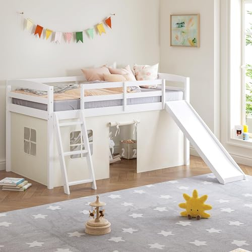 Spirich Loft Twin Bed with Ladder and Slide Slats (White)