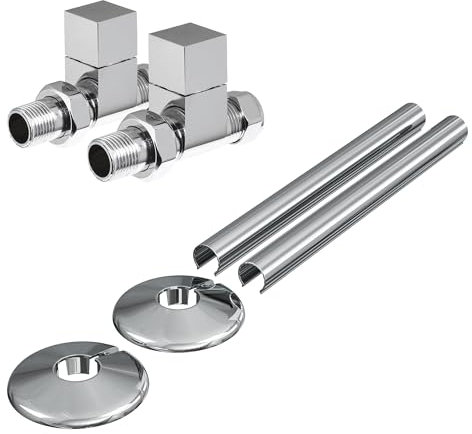 Manual Radiator Valves Square Straight - 15mm x 1/2 - Polished Chrome with Matching Clip-on Pipe Covers and Collars