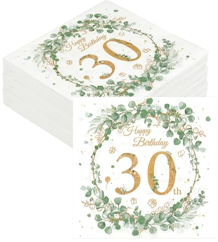 Servietten Eukalyptus 30 Geburtstag, 40 Stück Happy Birthday Servietten | Grün Gold, Salbeigrün, für Mann, Frau Party Tischdeko, 33 x 33cm