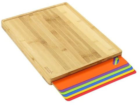 Taylor & Brown 7 in 1 Large Bamboo Chopping Board Set with 6 Color-Coded Flexible Plastic Chopping Mats, Wooden Kitchen Cutting Boards with Food Icons, Non-Toxic & Dishwasher Safe