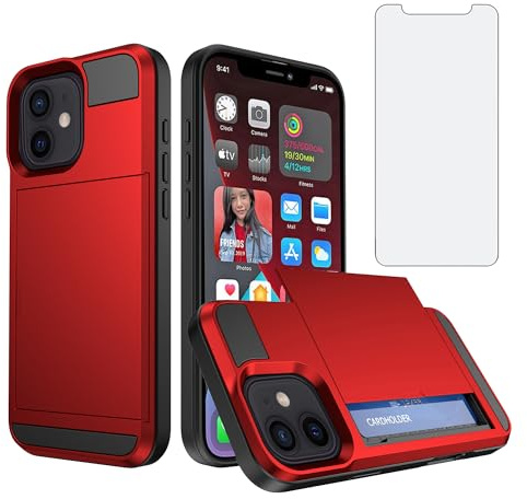 Asuwish Phone Case for iPhone 12 6.1 with Tempered Glass Screen Protector Cover and Card Holder Slot Hybrid Full Body Protective Shockproof Mobile Cell Accessories iPhone12 5G i 12s Women Men Red