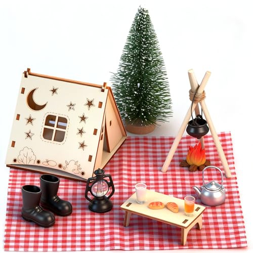 16 Pcs Accessoires Lutin de Noel, Sapin de Noël Miniature Feu de Camp Mini Tente Miniature Couverture Table Miniature Lanterne Bottes Miniatures Alimentaires Boissons, Accessoires Maison de Poupée