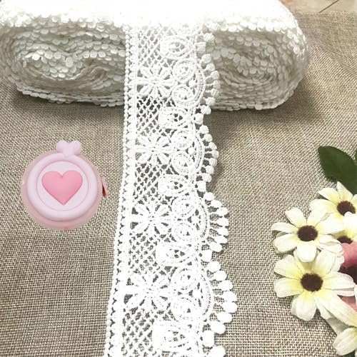 ZenyTra 4,5m Weiße Spitzenborte mit Herz Maßband, 7,5cm Breite Lochmuster Stoffband für DIY Hochzeitsdekoration, Näharbeiten, Geschenkverpackung (Weiß & Rosa Set)