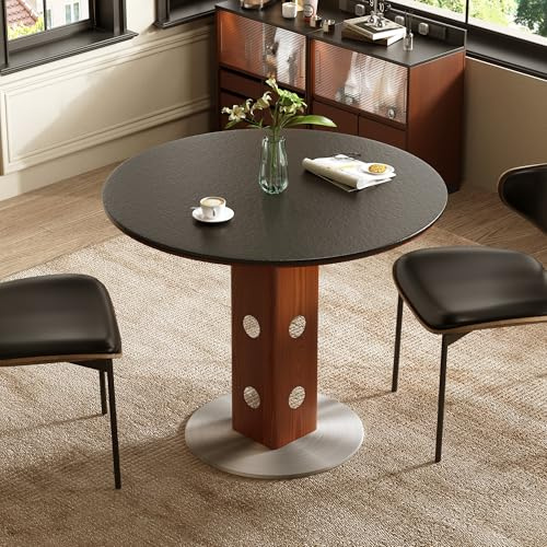 KAANAA Runder Esstisch 90 cm Modern Minimalist Stil – Küchentisch Esszimmertisch mit Sinterstein-Tischplatte und Holz-Metallgestell, schwarz passend für Wohnzimmer, Esszimmer und Küche（schwarz）