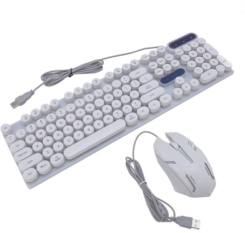 Topiky Von Hinten Beleuchtete USB-Schreibmaschinen-Tastatur-Maus-Kombination, Retro-Punk, Runde Tastenkappen für Gaming-Arbeit (D500 Weißes Punk-Set)