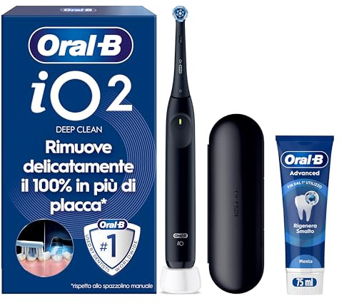 Oral-B iO 2 Spazzolino Elettrico Nero, 1 Testina Di Ricambio per Spazzolino Elettrico, Caricatore, Custodia Da Viaggio + 1 Dentifricio Oral B Advanced Rigenera Smalto, Pulizia Denti Efficace | 1 Testine di Ricambio per Spazzolino Elettrico, Ricaricabile, Custodia Viaggio + 1 Dentifrico Advanced Rigenera Smalto