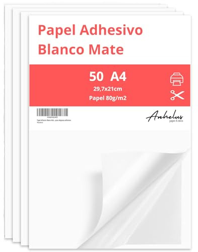 Papel Adhesivo para imprimir Blanco Mate 80gr | 50 hojas A4 | Etiquetas adhesivas A4 tamaño 21x29,7cm | Papel adhesivo impresora inkjet y laserjet | Crea tus propias etiquetas adhesivas