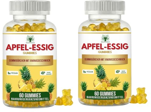 2 Stück Apfelessig Gummies 1000mg – Zuckerfrei Apple Cider Vinegar Gummibärchen mit Vitamin C, Vitamin B12 & Rote Beete – Vegan & Halal – Ananasgeschmack (120 Gummibärchen)