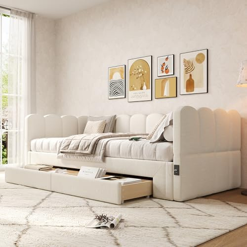 Mrwoo Kinderbett Daybett 90x200 cm mit Ausziehbett, Polsterbett Tagesbett mit USB, Sofabett mit 2 Schubladen Stauraum, Geeignet für Kinder und Jugendliche (Ohne Matratze) (Weiß, 90x200 cm)