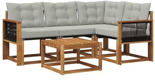 vidaXL Outdoor-Sofagarnitur mit Kissen 5 pcs Natürlich und Hellgrau, Garten-Sofa, Moderne Außenmöbel, langlebige Sitzgruppe, Bequeme Lounge, Akazien-Sitze, Entspannung im Garten
